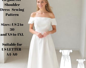 Patrón de costura de elegante vestido con hombros descubiertos, tallas: EE. UU. 2 a 30 y XS a 4XL, adecuado para tallas A0, A4 y Carta de EE. UU.