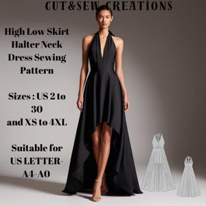 Könnte beinhalten: Ein schwarzes High-Low-Halterkleid-Nähmuster. Das Muster ist für die Papierformate A4 und A0 geeignet. Die enthaltenen Größen sind von 34 bis 52 und von XS bis 4XL.