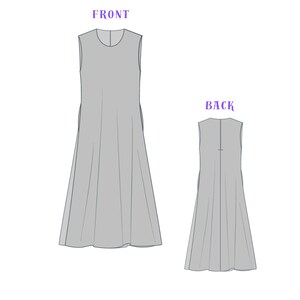 Puede incluir: Un dise&ntilde;o de vestido gris sin mangas, mostrado desde la vista frontal y posterior. La vista frontal tiene un escote redondo y una falda acampanada. La vista posterior muestra un dise&ntilde;o similar con una costura central en la espalda. Las palabras "FRONT" y "BACK" est&aacute;n arriba.