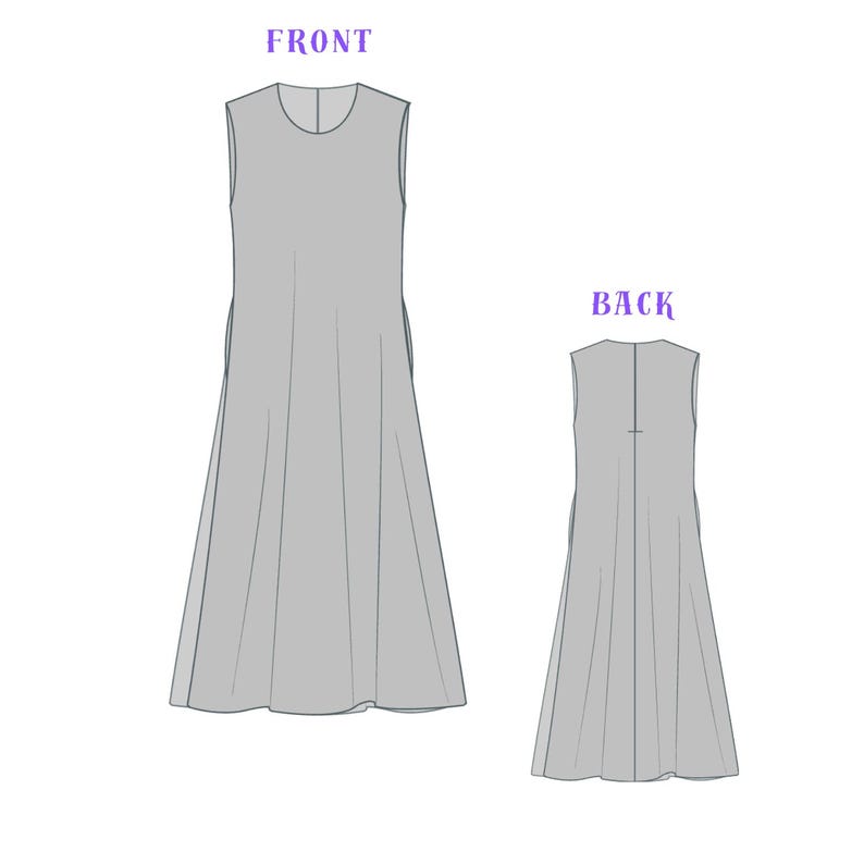 Puede incluir: Un dise&ntilde;o de vestido gris sin mangas, mostrado desde la vista frontal y posterior. La vista frontal tiene un escote redondo y una falda acampanada. La vista posterior muestra un dise&ntilde;o similar con una costura central en la espalda. Las palabras "FRONT" y "BACK" est&aacute;n arriba.