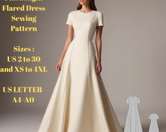 Puede incluir: Un patrón de costura para un vestido blanco largo y acampanado. El patrón incluye las tallas US 2 a 30 y XS a 4XL. El patrón está disponible en tamaños A4 y A0.