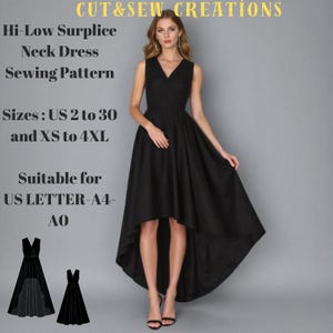 Patrón de costura para vestido con escote cruzado alto y bajo, tallas: EE. UU. 2 a 30 y XS a 4XL, adecuado para tallas A0, A4 y carta de EE. UU.