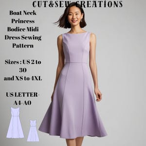 Boat Neck Princess Bodice Midi Dress Sewing Pattern – Available in US Sizes 2-30 (XS-4XL), compatible with A0/A4/US Letter paper formats.