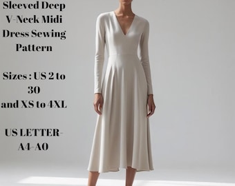 May include: A woman wearing a long-sleeved, light beige V-neck midi dress. The dress has a flared skirt and is knee-length. Text on the left side reads "Sleeved Deep V-Neck Midi Dress Sewing Pattern" and "Sizes: US 2 to 30 and XS to 4XL". The text "CUT&SEW CREATIONS" is at the top.