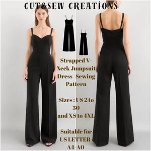 Puede incluir: Un patrón de costura para un mono negro sin tirantes con cuello en V. El patrón está disponible en tallas españolas 34 a 48 y XS a 4XL. Es adecuado para tamaños de papel A4-A0.