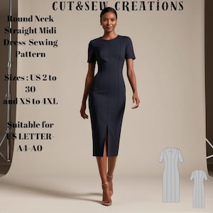 May include: A sewing pattern for a round neck, straight midi dress. The pattern is suitable for sizes UK 6 to 18 and XS to 4XL. The pattern is suitable for A4 and A0 paper sizes.