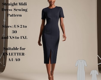 Round Neck Straight Midi Dress Sewing Pattern,Sizes ;US 2 to 30 and XS to 4XL,Suitable A0- A4-US Letter