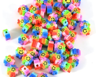 50 Pcs Multi Coloured Smiley Face Flower Polymer Clay Beads 10mm