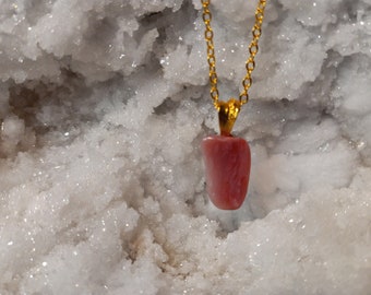 Magnifique collier de Rhodochrosite rose sur chaîne en or 18"