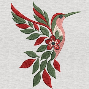 Broderidesign med blommig kolibri, kolibrimönster, broderifil med blommig fågel, direktnedladdning i 4 storlekar PES DST JEF och fler filer.