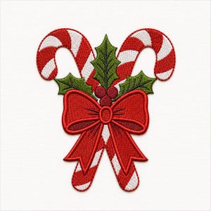 May include: An embroidered patch featuring two crossed candy canes with red and white diagonal stripes. A large red bow is centered at the base of the candy canes, accented by three small red berries and two green holly leaves positioned above the bow.