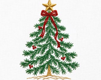May include: An embroidered Christmas tree design featuring green pine needles, a gold star at the top, and a gold trunk. The tree is decorated with a red ribbon bow at the peak and small clusters of red berries scattered throughout the branches.