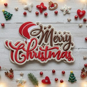 Può includere: Una composizione festosa a tema natalizio con un cartello centrale "Merry Christmas" in rosso e marrone, ornato da un cappello di Babbo Natale. Intorno al cartello ci sono vari ornamenti, tra cui stelle, cuori, campane e renne, su uno sfondo di legno chiaro.