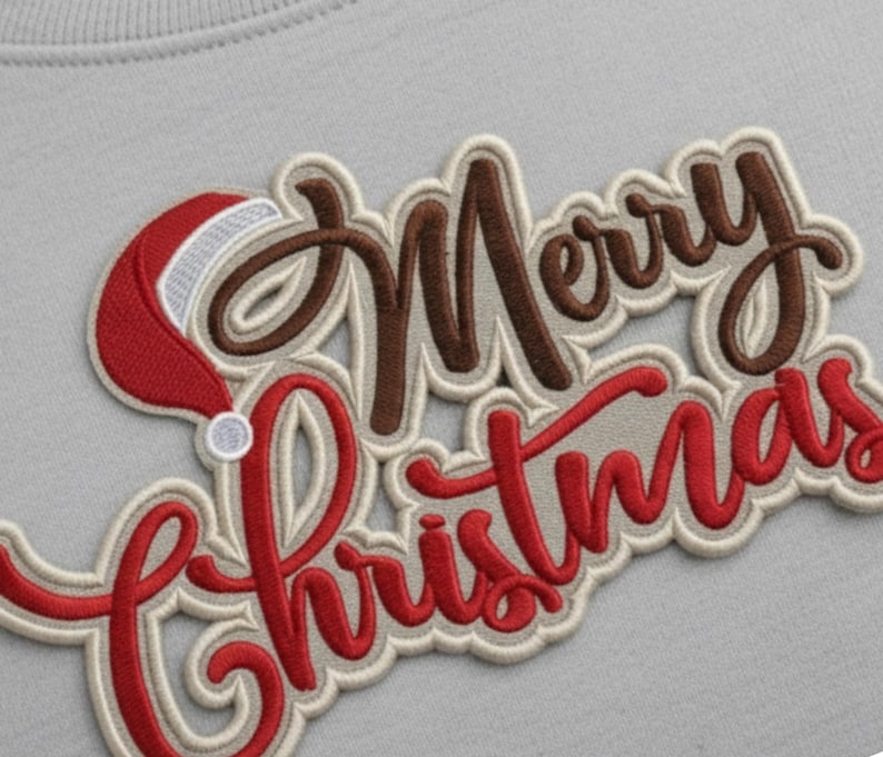 Puede incluir: Parche bordado con las palabras "Merry Christmas" en un dise&ntilde;o festivo. El texto es en rojo y marr&oacute;n, con un detalle de gorro de Pap&aacute; Noel. El parche tiene un fondo gris claro.