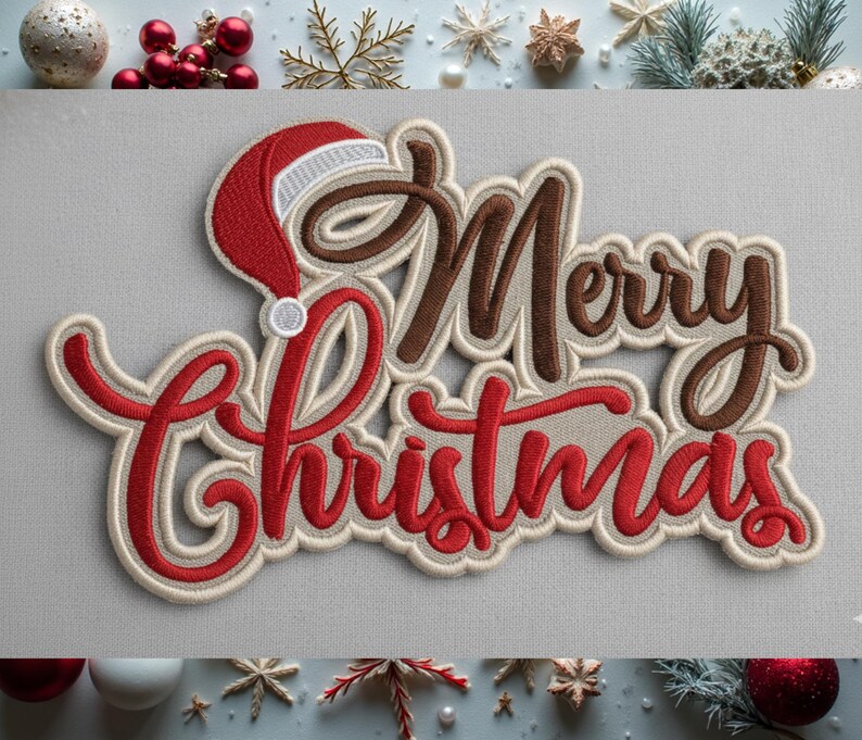 Puede incluir: Dise&ntilde;o navide&ntilde;o bordado con las palabras "Merry Christmas" en rojo y marr&oacute;n, con un gorro de Pap&aacute; Noel. El dise&ntilde;o tiene un contorno color crema y est&aacute; sobre un fondo gris claro, perfecto para manualidades navide&ntilde;as.