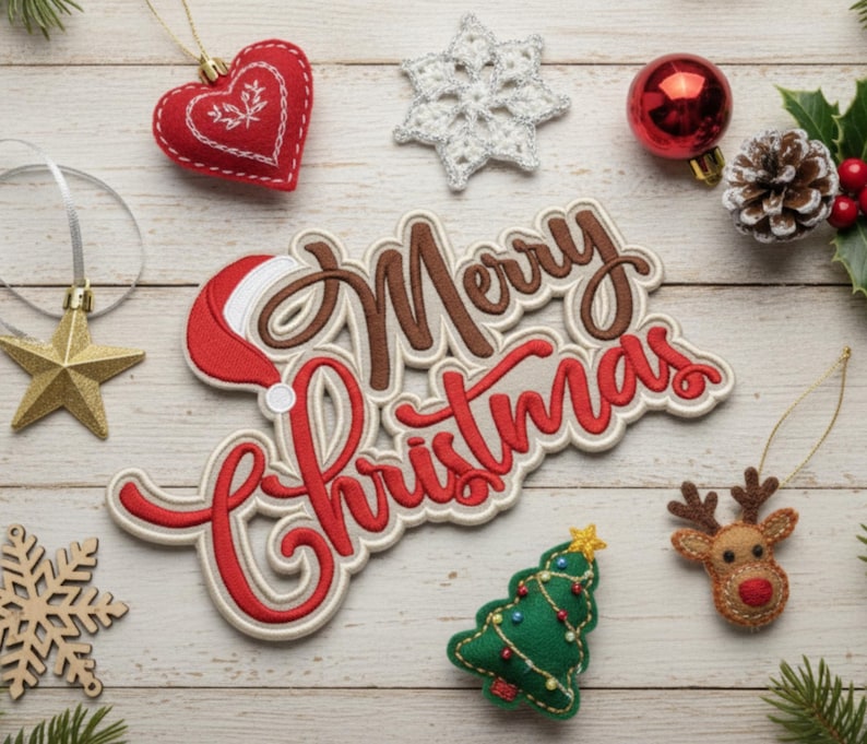 May include: A festive Christmas-themed arrangement featuring a central "Merry Christmas" text in red and brown, surrounded by ornaments. Includes a red heart, star, snowflake, Christmas tree, reindeer, and a red bauble, all on a light wood-grain surface.