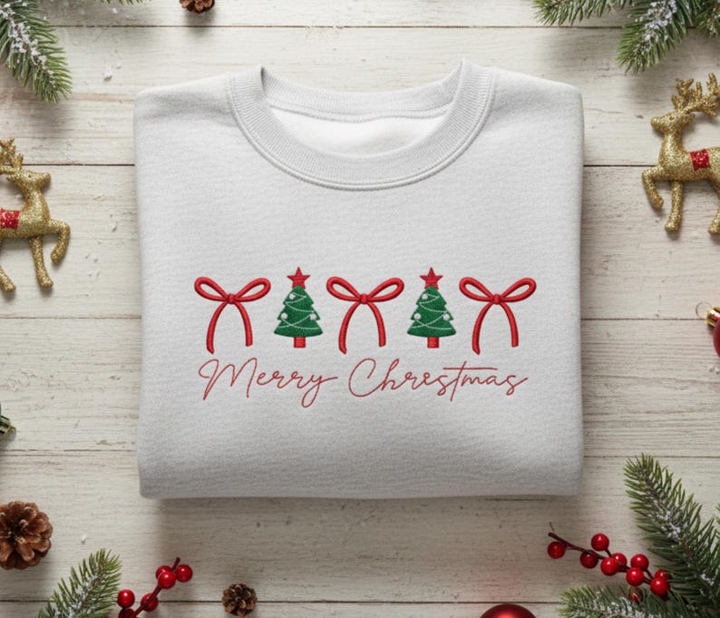 May include: A white sweatshirt featuring a Christmas design. The design includes red bows, green Christmas trees, and the words "Merry Christmas" in red script. The sweatshirt is neatly folded.