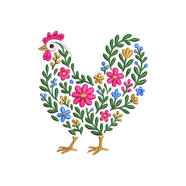 Diseño de bordado de gallina floral, archivo de bordado a máquina de Crazy Chicken Lady, bordado de sudadera de gallo divertido, 3 tamaños, descarga instantánea