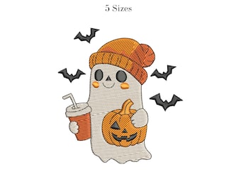 Ghost machine embroidery design with Coffee and Pumpkin | Spooky Ghost, Autumn leaves | Fall, Pumpkins, Ghouls, instant download. | 5 sizes.