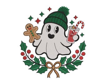 Christmas Ghost Embroidery Design with Gingerbread Ice Coffee, Merry Christmas Embroidery File, 5 sizes, Machine Embroidery Instant Download
