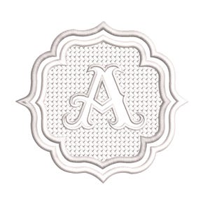 May include: A white embroidered monogram letter "A" in a decorative frame. The frame has a scalloped edge and a textured background. The design is in a classic, elegant style, suitable for personalization.