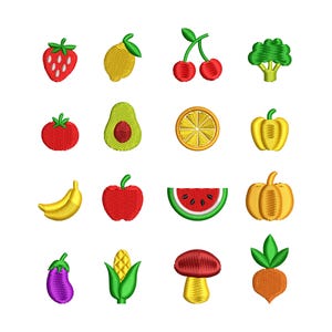 Könnte beinhalten: Eine Sammlung gestickter Obst- und Gemüsemotive: Erdbeere, Zitrone, Kirschen, Brokkoli, Tomate, Avocado, Orangenscheibe, gelbe Paprika, Banane, Apfel, Wassermelone, Kürbis, Aubergine, Mais, Pilz und Karotte.