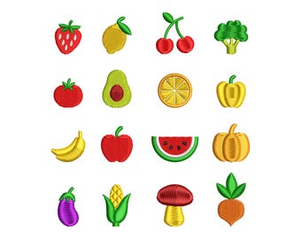16 Mini Embroidery Designs bundle of Fruit and Vegetable embroidery Design, Towel Embroidery files, embroidery files in 4 sizes