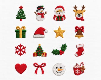 May include: A Mini Christmas Embroidery Bundle featuring sixteen embroidered icons including a tree, snowman, Santa, reindeer, gift, hat, star, bell, snowflake, holly, stocking, heart, bow, and cocoa mug with text DST, PES, JEF, SEW, HUS, EXP, VP3, XXX.