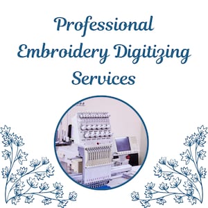 May include: A white embroidery machine with a blue background. The machine has a needle and thread, and a screen on the side. The text "Professional Embroidery Digitizing Services" is at the top of the image.
