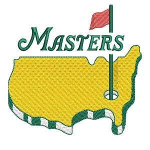 May include: Embroidered patch featuring the word "Masters" in green script above a yellow outline of the United States with a golf hole and flag. The flag is red, and the border is green and white.