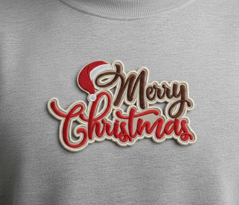 Puede incluir: Parche bordado con las palabras "Merry Christmas" en una escritura festiva. El dise&ntilde;o presenta un gorro de Pap&aacute; Noel y es de color rojo, marr&oacute;n y blanco. El parche es probablemente para ropa o manualidades.