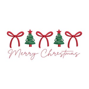 May include: An embroidered Christmas design with red bows and Christmas trees with star toppers and ornaments. The words "Merry Christmas" are written in a cursive font below the design. The design is on a white background.