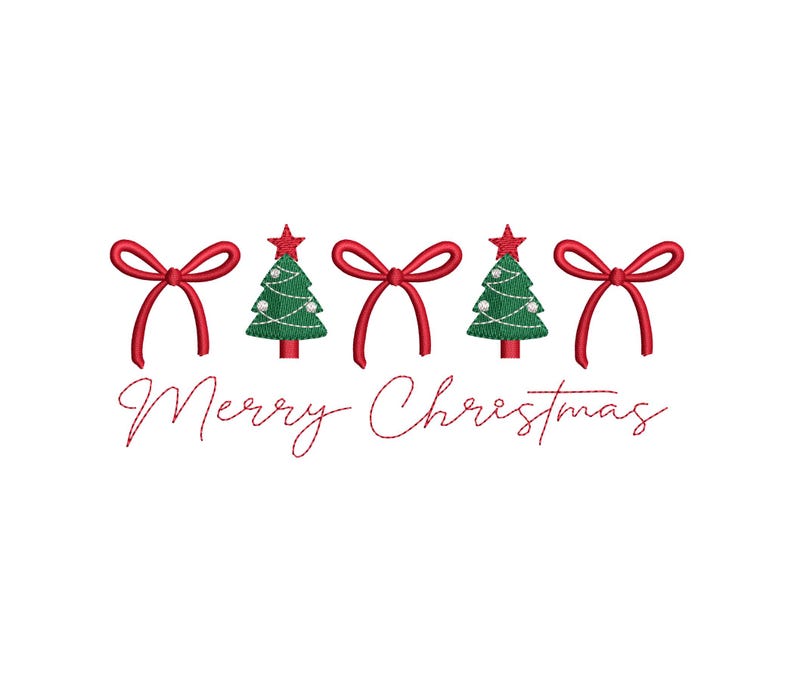 May include: An embroidered Christmas design with red bows and Christmas trees with star toppers and ornaments. The words "Merry Christmas" are written in a cursive font below the design. The design is on a white background.