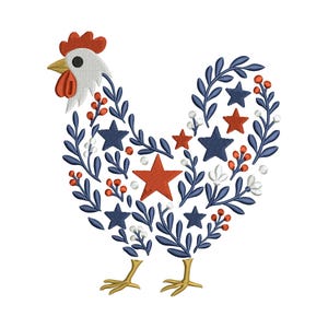 4th of July Patriotic Chicken Embroidery Design – USA Red White Blue Americana, Machine Embroidery Instant Download 3 Sizes