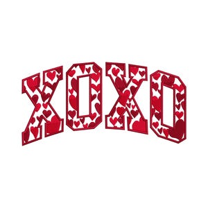 May include: Red and white XOXO design with a heart pattern. The letters are outlined in red and filled with various sizes of red hearts. The background is white.