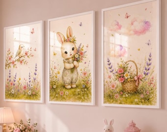 Set of 3 Watercolor Bunny Nursery Prints, Baby Girl Room Decor (Digital Download)