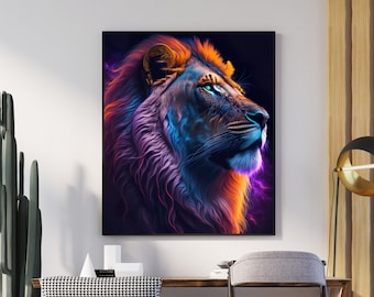 Cuadro decorativo de león colorido, póster de animales neón, decoración moderna con motivos de animales (descarga digital)