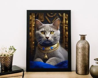 Royal Grey Cat Portrait, Elegant Animal Wall Art (Digital Download)