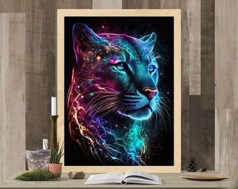 Puma z neonowym oświetleniem, abstrakcyjny cyfrowy wydruk ścienny