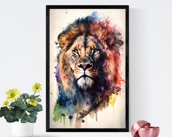 Lámina de león en acuarela a todo color, vibrante arte de animales salvajes (descarga digital)