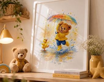 Grafika ścienna do pokoju dziecięcego z misiem, akwarelowe nadruki z kaczkami, wystrój pokoju dziecięcego, plakat dla dzieci