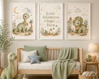 Watercolor Dinosaur Nursery Prints, Sage Green Baby Boy Wall Art (Digital Download)