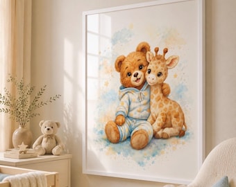 Teddy Bear Giraffe Nursery Art, Watercolor Baby Animal Print, Neutral Safari Decor (Digital Download)