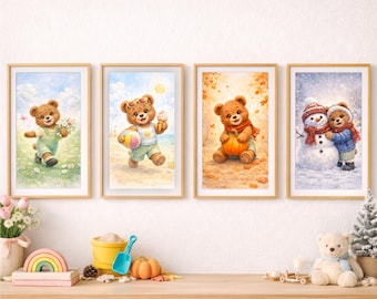 Grafika ścienna „Miś Teddy Bear Seasons”, wydruki do pokoju dziecięcego „Cztery pory roku” (pobieranie cyfrowe)