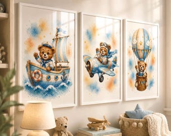 Set of 3 Teddy Bear Watercolor Prints, Adventure Nursery Decor (Digital Download)