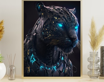 Cyberpunkowa Pantera, plakat z futurystycznym robotem, dekoracja ścienna ze zwierzętami science fiction (pobranie cyfrowe)
