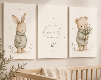 Nursery Wall Art Set, Teddy Bear Bunny Prints, Baby Room Decor (Digital Download)
