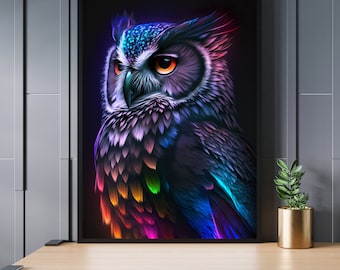 Neonowa grafika ścienna z sową, kolorowy plakat z dziką przyrodą, nowoczesna dekoracja ze zwierzętami (do pobrania w wersji cyfrowej)