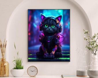Portret robota-kota, cyfrowy plakat ścienny, nadruki ze zwierzętami
