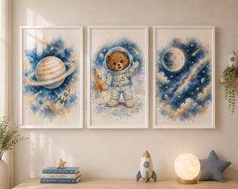 Zestaw dekoracji ściennych do pokoju dziecięcego z motywem kosmosu, miś astronauta, akwarele przedstawiające Układ Słoneczny (do pobrania w wersji cyfrowej)